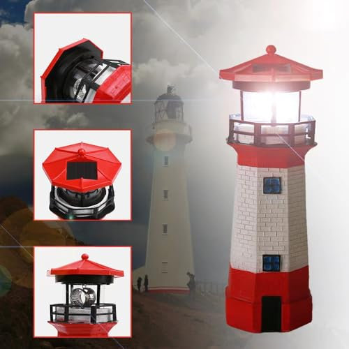 YZYOE Red Solar Lighthouse, Rotating LED Lighthouse Decorative Lights, Courtyard Waterproof Landscape Lights, Outdoor Solar Lights Resin Crafts As Gifts for Friends.