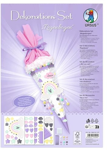 Ursus 988 00 21F - Dekorationsset Regenbogen, 4 Bogen Bastelkarton DIN A4, zum Dekorieren einer Schultüte (Rohling nicht enthalten) beidseitig bedruckt, vorgestanzt, mit Satinband