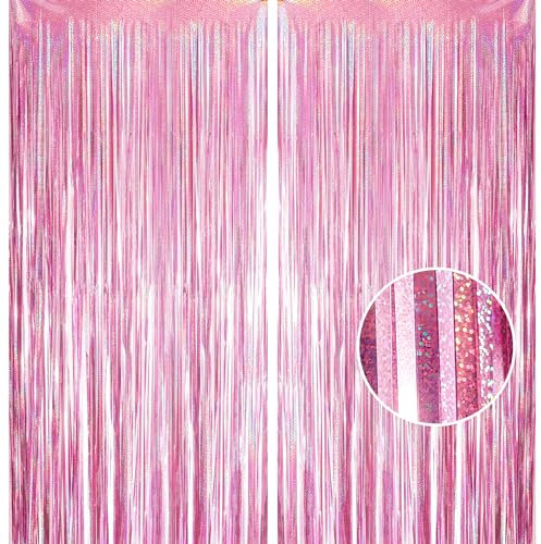 YAAVAAW 2pcs 3.2 x 8.3ft Glitter Pink Tinsel Curtain Foil Fringe Curtain Backdrop Party Streamers Curtain Photo Backdrop Decorations for Birthday School Graduation Hen Girls Party Decorations Pink