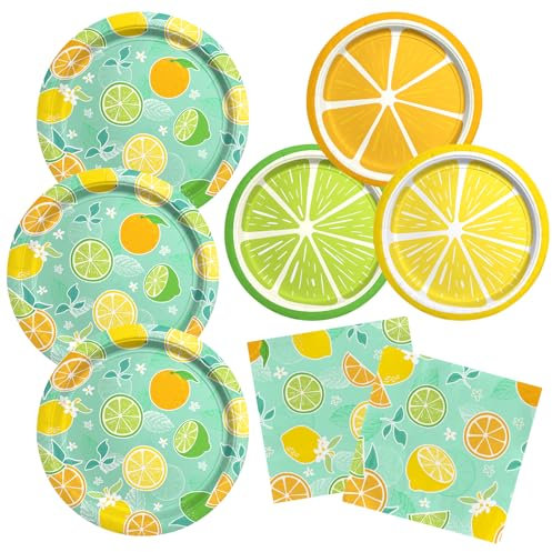 Gatherfun Fruit & Lemon Party Supplies Kit for 24: Vibrant Summer Party Decorations Set with Disposable Dinner & Dessert Plates, Napkins - Fruit-Themed Birthday & Lemon Party Decorations