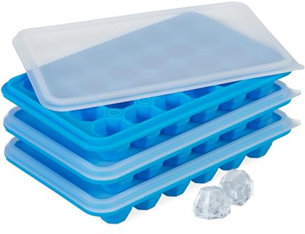 Relaxdays Pack 3 Cubiteras con Tapa, Moldes Cubos de Hielo, Diamante, 24 Cubitos Cada Una, Silicona, Azul/Transparente