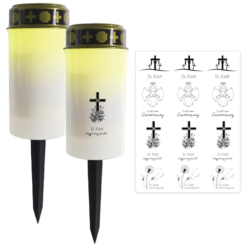 Ronoza 2 stycken LED-gravljus, vitt med markspett, gravljus, LED, gravlykta kyrkogård, väderbeständig, gravlampa med ljusattoos, LED-dopljus, LED-gravljus för utomhusbruk, batterier ingår inte