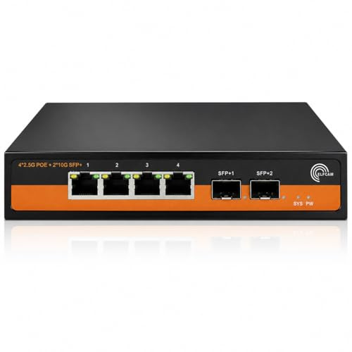 Elfcam® - PoE Commutateur à Fibre Optique 10Gb Compatible avec Cisco et Freebox Ultra , avec 2 Ports 10G SFP+ et 4 Ports 2.5 Gigabit Ethernet RJ45 PoE, Plug & Play Non Géré