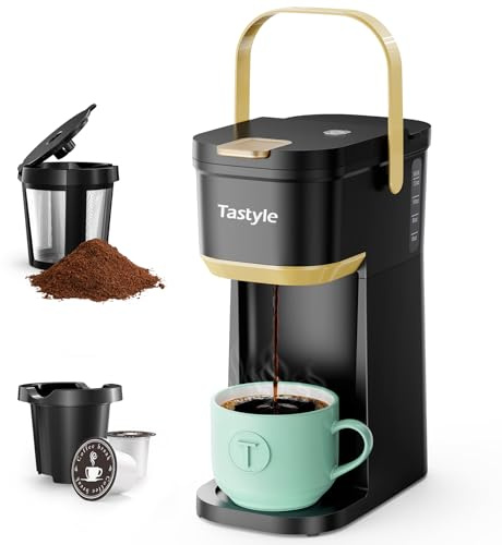 Tastyle Single Serve One Cup Coffee Maker, for K Cups and Grounds, Mini Coffee Maker with Portable Handle, 6 to 12 Oz Brew Size, for Travel, Camping, Office, RV and Dorm, 120V, Black and Gold