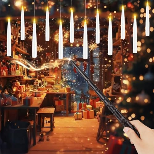Xndryan Floating Candles, 12 Pieces Floating LED Candles Flying Hanging Candles with Magic Wand Remote Control and Timer, Flameless Battery Candles for Party Halloween Christmas Decoration