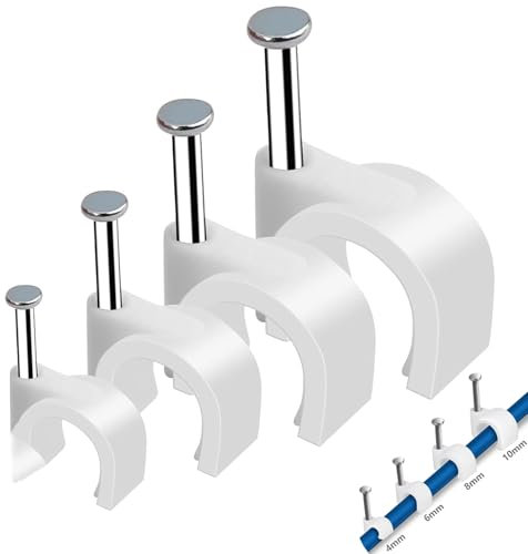 80Pcs Round Cable Clips,4mm 6mm 8mm 10mm Electrical Cable Wall Clip - Nail Clips Cable Management, Steel Nails Tacks Holder for Organizing Electric Wires Cables Line TV (White)