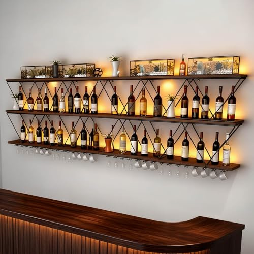 Modernt väggmonterat vinställ, 3-våningars DIY-vinhylla massivt trä, flytande förvaringsorganisatör för spritflaskor, för hemmabar och matsal, kan användas kombination (180cm)