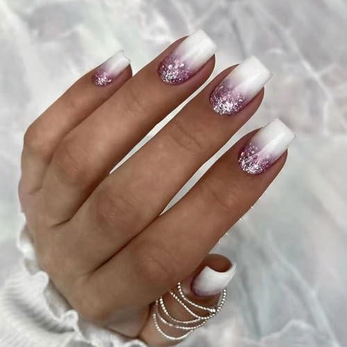 Auriselle Stampa su Unghie Corte 24 Pezzi French False Unghie Corte Quadrate Unghies Artificiali Viola e Bianco Gradiente su Unghies in gel Morbido Glitter, Perfetto per la Manicure a Casa