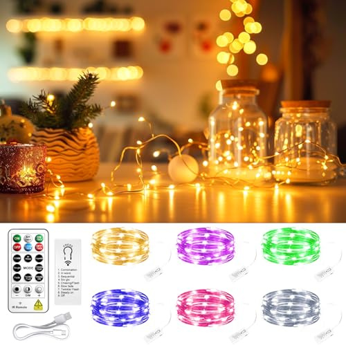 SINAMER 6 Pack Rechargeable Fairy Lights with Remote & DIY Timer, 7ft 20LED Dimmable Silver Wire String Light for Mason Jar, Mini Twinkle Lights for Indoor Christmas Bedroom Wedding Decor, Multicolor