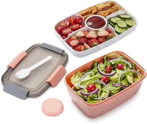 MINIMARG Salad Lunch Box – Large Salad Bowl with Lid, BPA-Free |3-Compartment Bento Box Microwave Safe – Yumbox Style Salad Bowl with Dressing Containers, Built-in Reusable Spoon (Pink, XL-2.0L)