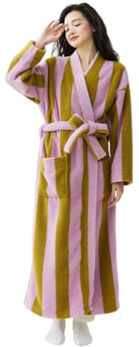 CRETUAO Damfärgad randig frottébadrock i lång, mjuk, absorberande, korallfleece, spa-badrock, varm, söt, plyschig husrock,Pink,M