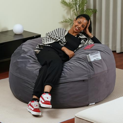 Sweetcrispy Bean Bag Chairs, 4Ft Bean Bags for Adults, Large Oversized Beanbag Chair with Memory Foam Filled and Soft Removable Washable Cover, Comfy Sofa for Living Room Bedroom Dorm, Dark Grey