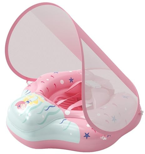 Ngbbby Baby Float med tak, uppblåsbar halkfri justerbar säker baby simning flottör med pump för flickor pojkar, stor, pool med baldakin