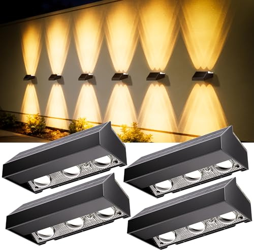 Quntis Solar UP and Down Fence Lights Outdoor, 4Pack 6LED Solar Wall Lights 12 Modes Warm White & RGB, IP44 Sconce for Balcony Step Stair Yard Deck Garage Garden Patio Porch Walkway Front Door Hallway