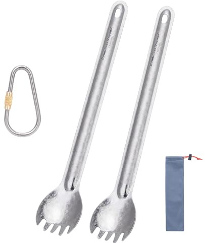 iBasingo 22cm Titanium Long Handle Spoon Spork Camping Soup Rice Snack Cutlery with Polished Bowl Ultralight Cutlery Outdoor Picnic Flatware Portable Travel Tableware (Silver Spork 2 PC Ti1032T)
