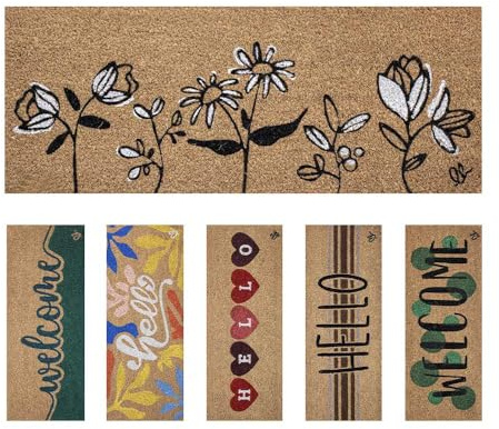 OLIVO.shop | ENTRY 11 Zerbino ingresso in cocco naturale, Zerbino per scale, Tappeto ingresso casa simpatico 27x70 cm, vari disegni. (Black & White Flowers)