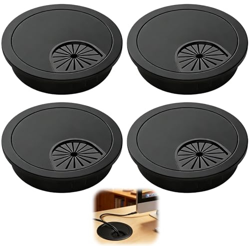 4 Pcs 60mm Desk Grommet Kit, Black Desk Cable Grommet for Office and Home | Computer Cable Hole Cover, Cabinet Plug Hole Rubber Grommet for Desktop Wire Organizers Table Cord Round Table Cable Hole