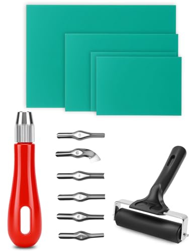 ZaKaBox Lino Cutting Tools - for Lino Carving, Block Printing & DIY Crafts | Linoleum Cutter with 6 Blades, Lino Roller & 4 Gel Printing Plates (A4 + A5 + 2×A6) – Complete Block Printing Set