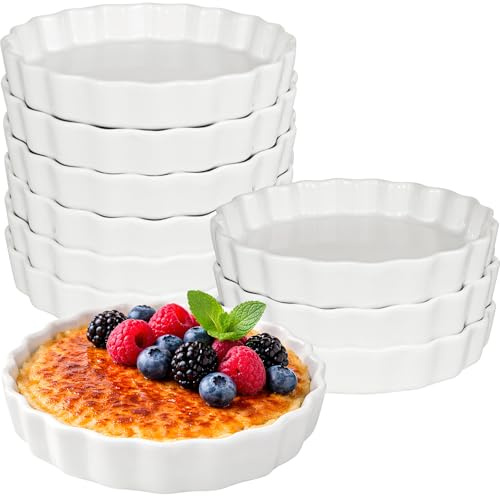 10 Pack Creme Brulee Ramekins Oven Safe, Round, 10 oz, White | 6 Inch Porcelain Pan Shallow Baking Dishes with Fluted, for Baking Souffle Apple Pie Quiche Tart