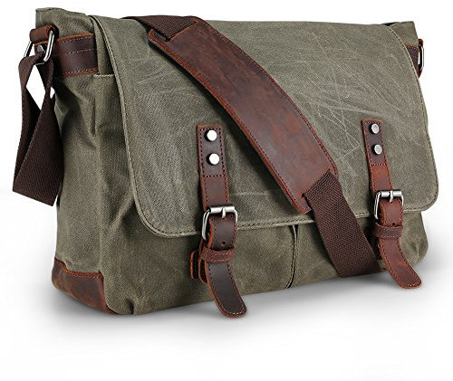 AIZBO Wasserdicht Canvas Messenger Bag, Männer Umhängetasche Schulter-Umhängetasche-Laptop-Tasche für 15 Zoll, Large Size (Armee-Grün)