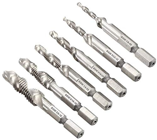 Bestgle Set of 6 SAE Drill Tap Combination Bits HSS Deburr Countersink Bit Set with 1/4 Inch Hex Shank Tool Kit BSW 1/8, 5/32, 3/16, 1/4, 5/16, 3/8