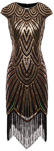 FAIRY COUPLE 1920s Vestido con Lentejuelas Embellecido Borlas Dobladillo D20S002(L,Black Gold)