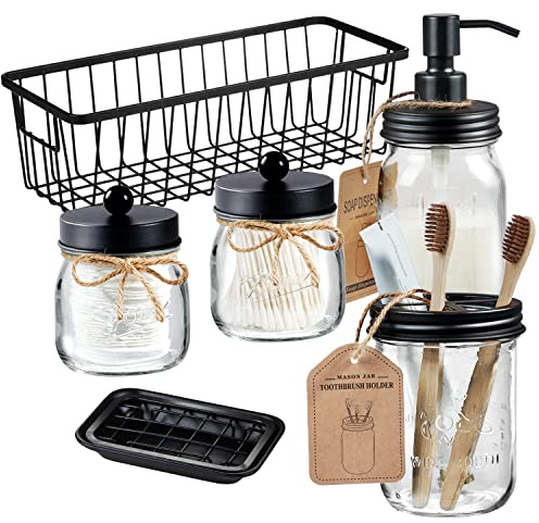 SheeChung 6Pcs Mason Jars Bathroom Accessories Set Complete - Toothbrush Holder, Lotion Soap Dispenser, 2 Mason Jars, Soap Dish, Toilet Paper Basket, Rustic Farmhouse Decor (Black, 6Pcs Bathroom Set)