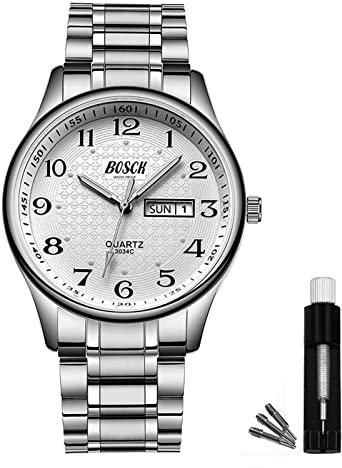 Bosck Quartz Mens Watch,40mm Easy Read Auto Date and Day Stainless Steel Business Watch for Men,30M Waterproof Sports Mens Wrist Watches
