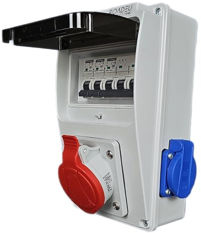 RoadEu - Quadro Elettrico di Distribuzione Distributore di corrente 16A 5P, 2x230V Schuko, LS C16A 3P, 2x C16 1P Ideale per il garage, il capannone o la fabbrica