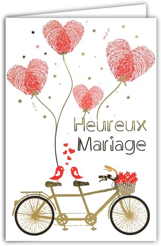 69-7098 Carte Félicitations Heureux Mariage - Or Doré Brillant - Enveloppe Incluse - Vélo Fleuri Tandem Oiseaux Amoureux Cœurs Rouges Empruntes Doigts - Fabriquée en France