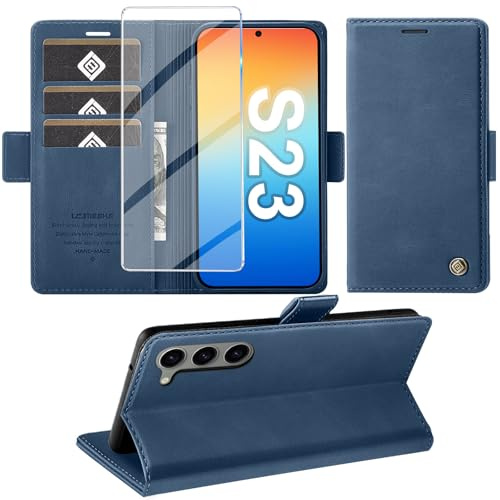 Giyer Handyhülle für Samsung Galaxy S23 5G Hülle mit Schutzfolie, Standfunktion Kartenfach Wallet Premium Leder Schutzhülle S23 5G Flip Case Cover Stoßfeste Klapphülle S23 5G 6.1 Zoll (Blau)