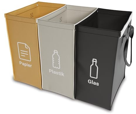 qikfresh - Sistema di raccolta differenziata 3 pezzi - Contenitori per il riciclo di vetro, carta, plastica e vuoti - Sistema salvaspazio per cucina e casa (simboli + testo)