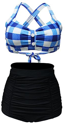 Bslingerie® Dam halter retro hög midja bikini baddräkt 2 st set, Blå rutig, M