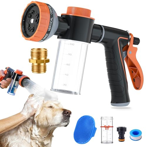 Hundewaschschlauchaufsatz, Hundeshampoo-Schlauchaufsatz mit Hundebürste, Gartenschlauchdüsensprüher mit Seifenspender, Hundewaschsprüher für drinnen und draußen, Haustierbaden, Blumen gießen