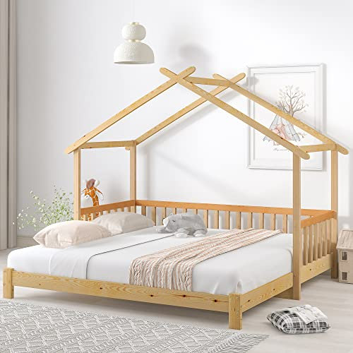 Kinderbett Hausbett 90x200, Baumhausbett Tagesbett mit Lattenrost&Rausfallschutz, Bett Holzbett Funktionsbett Gästebett Flachbett Ausziehbett Einzel&Doppelbett für Jungen&Mädchen, Massivholz, Natur