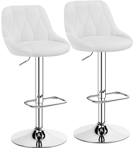 Yaheetech Juego de 2 Taburetes de Bar de Altura Ajustable 86-107,5 cm Sillas de Bar Asiento Giratorio Reposapiés Cuadrado Estructura de Metal Blanco