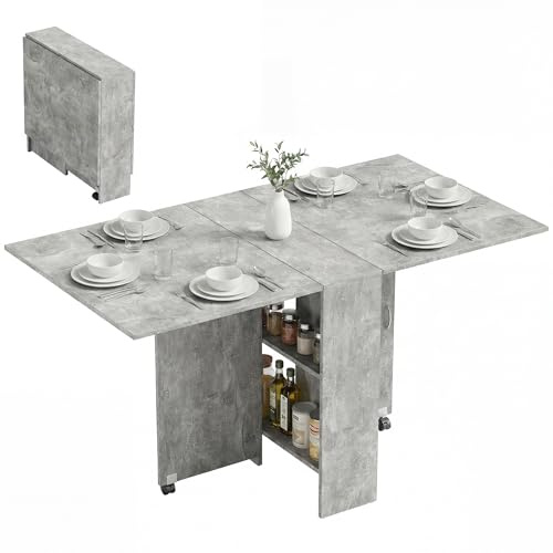 HOMCOM 80-140 cm Folding Dining Table for 4-6 People Drop Leaf Cement Grey