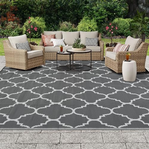 OIGAE Grand Tapis Extérieur Réversible 150 x 240 cm, Tapis Plastique en Polypropylène Résistant à la Pluie et aux UV, Antidérapant, Pliable et Lavable, pour Terrasse Jardin Camping Plage, Gris