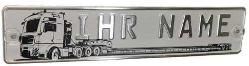 LKW Truck Fahrerschild Schild Namensschild mit Name oder Text Funschild Fun Schild Wunschtext AUTO Trucker Silber Geburtstag Geschenk