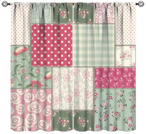 JanJCurt Plaid Floral Curtains, Bohemian Abstract Colorful Patchwork Retro Rose Flowers Plants Blackout Window Curtains for Girls Women Bedroom Living Room, Romantic Pink Green 42x45 Inch