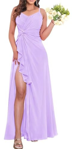 WSEYU Vestidos de dama de honor de gasa largos con abertura para boda, volantes, tirantes delgados, cuello en V, vestidos formales plisados, Lila, 46