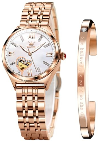 OLEVS Watches for Women Automatic Ladies Watch Mechanical Leather Strap Self-Winding Diamond dial Waterproof