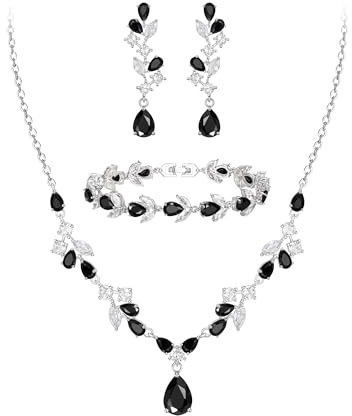Clearine Zirkonia Hochzeit Schmuck Set Teardrop Marquise Cluster Halskette Dangle Ohrringe und Tennis Armband für Damen Braut Schwarz Silber Ton