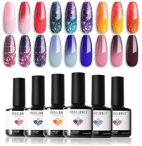 Modelones Vernis Semi Permanent, Vernis Gel UV Semi Permanent Change de Couleurs Température 6 Couleurs Rouge Rose Paillettes Bleu Violet Vernis à Ongles Soak Off Polish French Manucure pour Été