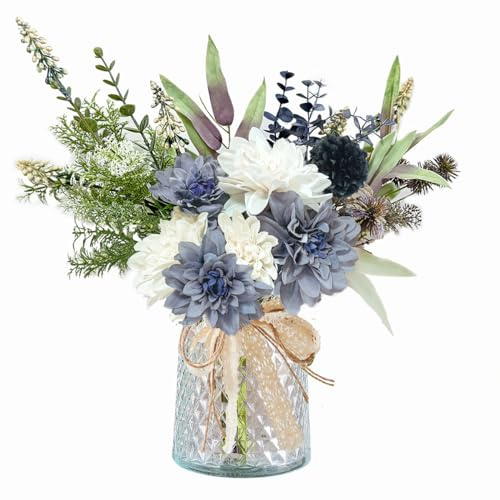 Wracra White Blue Artificial Flowers, Hydrangea Artificial Flowers in Vase | Silk and Plastic, Assorted Flowers and Plants Set, Multi-Colored, Indoor Outdoor, Garden, Holidays, Parties, Home Decor