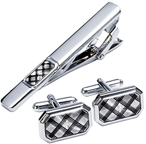 Silberfarbene Karierte Manschettenknöpfe, Krawattenklammer für Krawattennadel, Geschenk für Herren, klassisches Muster, Krawattennadel, Manschettenknöpfe, Krawattenklammer-Set (A,