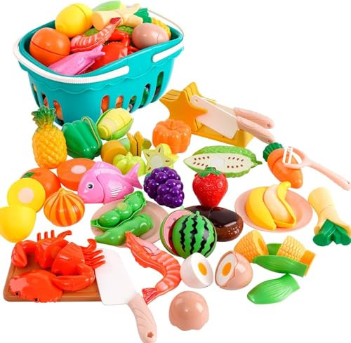 Forroby Cutting Play Food Toy Sets for Kids,Mini Fake Food,Pretend Play Kitchen Accessories with Basket Vegetable Fruit Seafood and Tableware,Educational Toys,Gift for Toddlers Boys Girls Age 3+