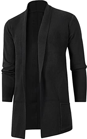 Duohropke Cardigan long en tricot pour homme - Couleur unie - Bord ouvert - Cardigan basique pour homme - Veste de transition - Trench ample - Manteau à manches longues, Noir , M