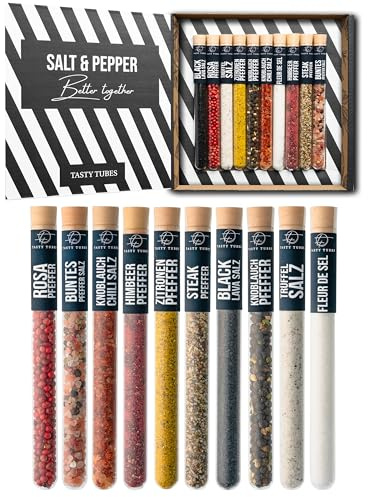 Tasty Tubes - Salt & Pepper - Gewürz-Set - Besonderes Geschenk für Männer & Frauen - 10 verschiedene Salz- & Pfeffer-Sorten aus aller Welt - Geschenkbox für Koch-Begeisterte