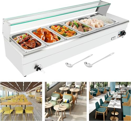 Scaldavivande a bagnomaria 6 teglie x 1/3 GN in acciaio inox per uso alimentare Tavolo per il vapore per alimenti commerciale 6 pollici di profondità Scaldavivande elettrico da banco 1200 W 19 quart